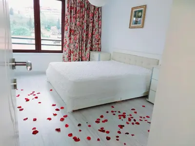 a bedroom with a bed with red roses on the floor at Deva Apartments in Sandanski