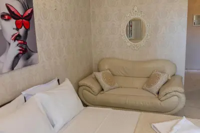 a living room with a couch and a mirror at Megy's 3rd Top Central Room in Sofia