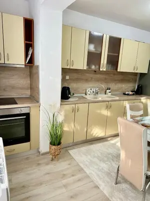 a kitchen with yellow cabinets and a potted plant at The Central Suite in Petrich