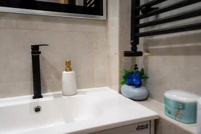 a bathroom sink with a soap dispenser on it at 1 minute to main Street & NDK & Free Parking in Sofia