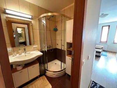 a bathroom with a glass shower and a sink at Tulip Studio Deluxe, Grand Resort Pamporovo in Pamporovo