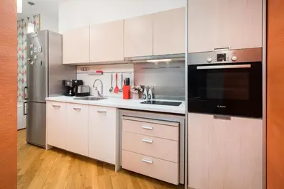 a kitchen with white cabinets and a black appliance at Alexandra's City Center Apartment I in Sofia
