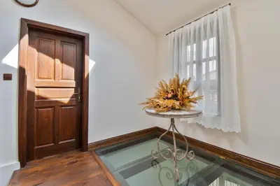 aoyer with a glass floor and a door at Blue House in Plovdiv