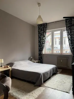 a bedroom with a bed and a window at Spacious artsy apartment in Sofia
