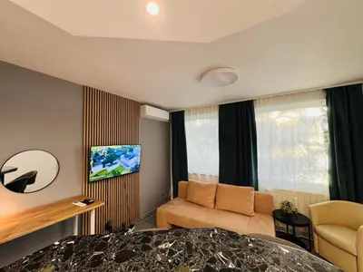 a bedroom with a bed and a couch and a tv at Green Accent Apartment in Sofia