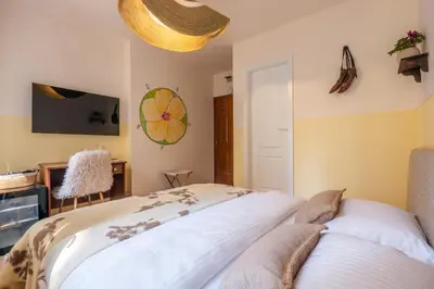 a bedroom with a large bed and a tv at Хижа Кукер - Арт Хижа за Вдъхновение и Отдих in Sofia