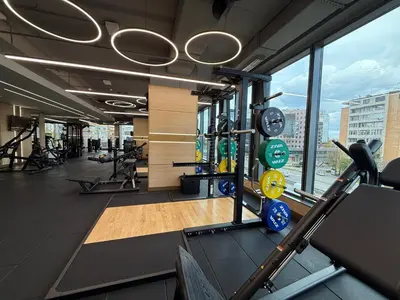 a gym with a view of a city at East Plaza Hotel in Sofia