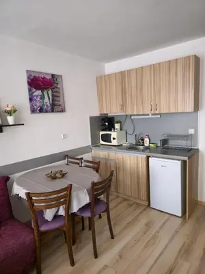 a kitchen with a table and chairs and a microwave at Studio Kasandra in Hisarya