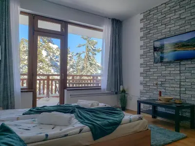 a bedroom with a bed and a large window at Studios in Semiramida Gardens - 8,10,28 in Borovets