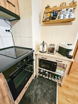 a kitchen with a stove and a shelf with bottles at Apartment GORA in Borovets