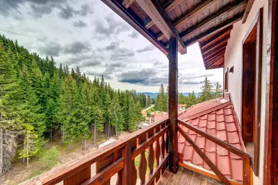 a balcony with a view of a forest at Mountain Luxe Studio by Flat Manаger in Pamporovo