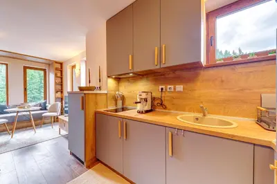 a kitchen with a sink and a counter at Mountain Luxe Studio by Flat Manаger in Pamporovo
