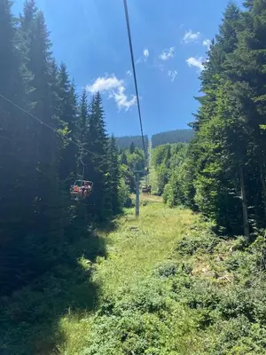 a group of people riding a ski lift through the trees at Gondola Vibes in Bansko