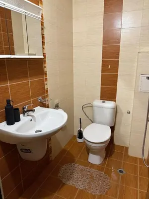 a bathroom with a white toilet and a sink at Central Mansard Studio in Sofia