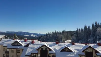 a group of houses with snow on the roofs at Maisonette on the slope in Manastir 3 in Pamporovo