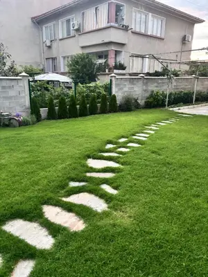 a lawn with stepping stones in front of a house at Къща за гости Elion House in Hisarya