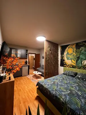 a bedroom with a bed and a living room at Apartment near the ski lift with a private parking in Bansko