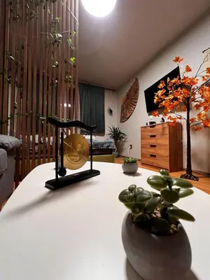 a room with a table with a lamp and a plant at Apartment near the ski lift with a private parking in Bansko
