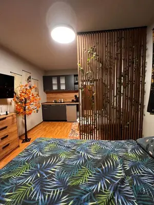 a bedroom with a large bed and a kitchen at Apartment near the ski lift with a private parking in Bansko