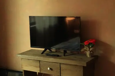 a flat screen tv on a wooden stand with a flower at Апартамент Орфинда- Pamporovo in Pamporovo
