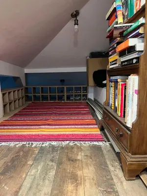 a room with a large rug and a book shelf with books at Kate House in Sofia
