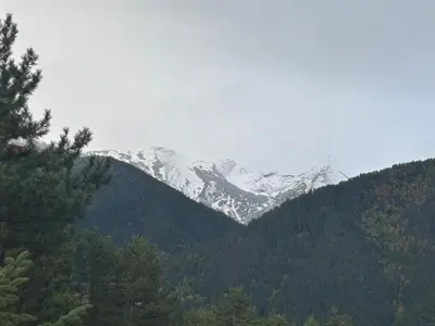 a snow covered mountain range with trees in the foreground at Emily Pirin Golf in Razlog