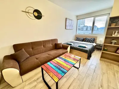 a living room with a brown couch and a colorful rug at Joyful Studio in Sofia