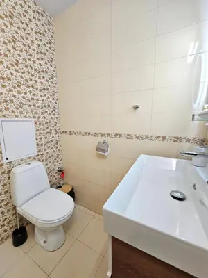 a bathroom with a white toilet and a sink at Two Big Bed Apartment & FREE Underground Parking in Sofia