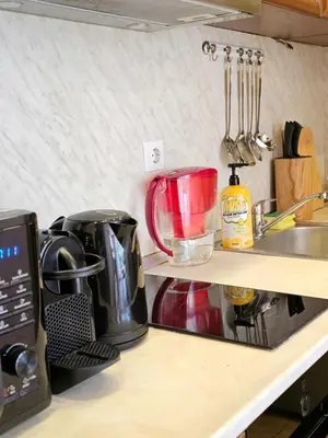 a kitchen counter with a coffee maker and a sink at Two Big Bed Apartment & FREE Underground Parking in Sofia