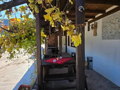 a porch of a house with a table under a tree at Къща за гости У Нико in Orehovo