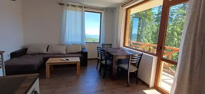 a living room with a couch and a table at Апартаменти Борови хълмове in Pamporovo