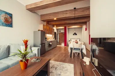 a living room with a couch and a table at Rila Zen Apartment in Samokov