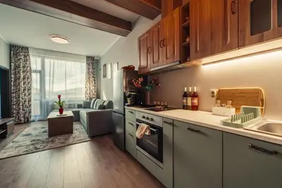 a kitchen with a sink and a stove top oven at Rila Zen Apartment in Samokov