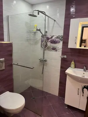 a bathroom with a shower and a toilet and a sink at Guest House Amaya Med 2 in Plovdiv
