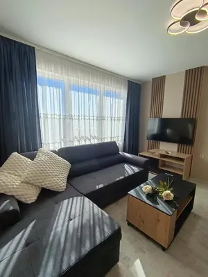 a living room with a black couch and a tv at Boutique apartment family 5 in Plovdiv