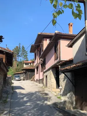 an empty street in a village with pink houses at Карагьозовата Къща - цяла къща - 6 големи спални, 6 бани и отделна механа in Koprivshtitsa