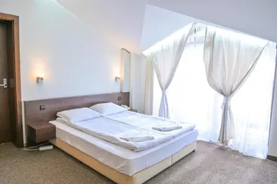 a bedroom with a bed and a large window at Хотел Елица in Bansko