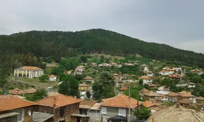 a small village with houses and a mountain at Къща за гости Семейство Петрови in Kalofer