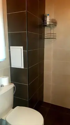 a bathroom with a toilet and a tile wall at Cozy apartment Alba with two bedrooms! in Blagoevgrad