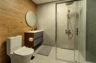 a bathroom with a shower and a toilet and a sink at Rila Sunshine Apartment in Samokov