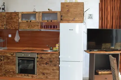 a kitchen with a white refrigerator and wooden cabinets at Villa Pamporovo in Pamporovo