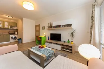 a living room with a couch and a tv at Lovely Central 1 Bedroom Condo in Sofia in Sofia
