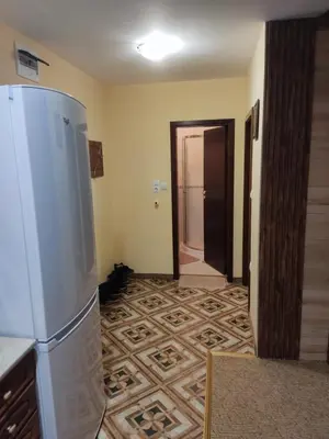 a kitchen with a refrigerator and a hallway at Апартамент почивка в планината in Pamporovo