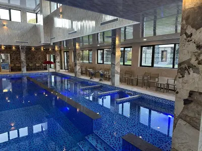 a large swimming pool with blue tiles in a building at Devin River in Devin