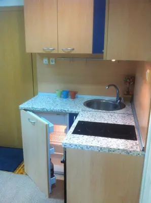 a small kitchen with a sink and a counter at Gogol 2BR Apartment in Sofia