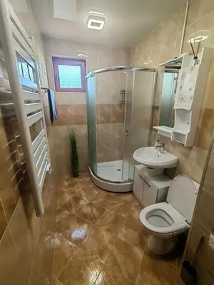 a bathroom with a shower and a toilet and a sink at Sunny Mountain View Villa Kometa in Pamporovo