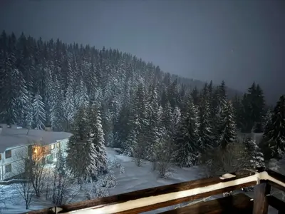 a house with snow covered trees and a mountain at Captain's Apartment in Pamporovo