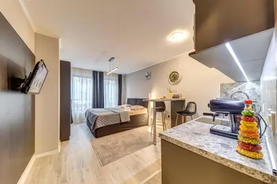 a room with a kitchen and a living room at Studio in Dream View Resort in Pamporovo