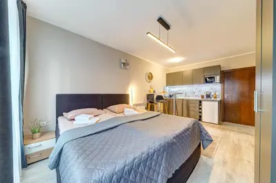 a bedroom with a large bed and a kitchen at Studio in Dream View Resort in Pamporovo