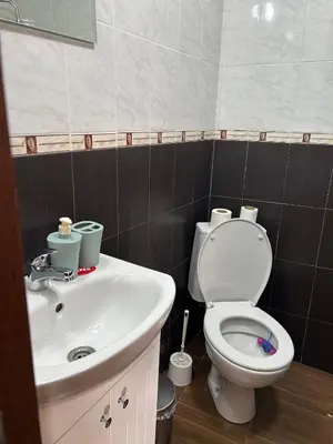 a bathroom with a white toilet and a sink at Семеен хотел Струма in Boboshevo